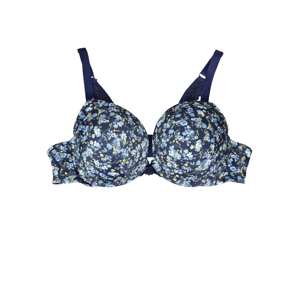 Cacique Boost Plunge Bra 44C Navy Blue Floral Lace Trim Underwire Padded